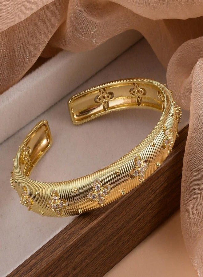 sunglnl Gold Bracelets for Women, Silver Gold Stripe Bangle Bracelet Cuff Flower Shaped With Simulated Diamond Trendy Mixed Metal Open Gift for Mom Her Jewelry (Gold Flower) - Image 5